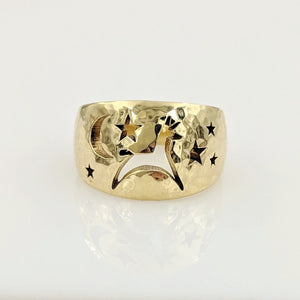 Alpaca or Llama Celestial Spirit Cigar Style Ring Wide 12MM  Hammered finish 14K Yellow Gold