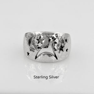 Alpaca or Llama Celestial Spirit Cigar Style Ring Wide 12MM  Hammered finish Sterling Silver