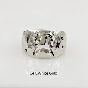 Alpaca or Llama Celestial Spirit Cigar Style Ring Wide 12MM  Hammered finish 14K White Gold