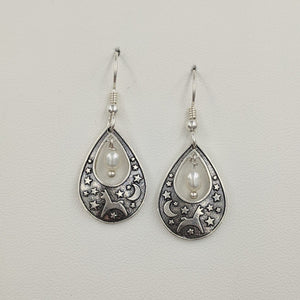 Alpaca or Llama Celestial Spirit Earrings - Sterling Silver with white freshwater pearl dangle on French wires
