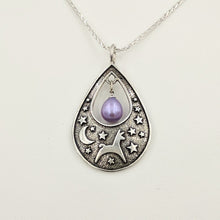 Load image into Gallery viewer, Alpaca or Llama Celestial Spirit Teardrop Pendant with Pearl  Sterling Silver with raven freshwater pearl dangle