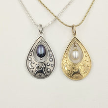 Load image into Gallery viewer, Alpaca or Llama Celestial Spirit Teardrop Pendant with Pearl  Sterling Silver with raven freshwater pearl dangle  14K Yellow Gold with white freshwater pearl dangle 