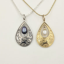 Load image into Gallery viewer, Alpaca or Llama Celestial Spirit Teardrop Pendant with Pearl  Sterling Silver with raven freshwater pearl dangle  14K Yellow Gold with white freshwater pearl dangle