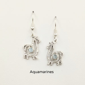 Alpaca or Llama Compact Spiral  Earrings with Aquamarine Gemstones - Sterling Silver on French Wires