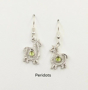 Alpaca or Llama Compact Spiral  Earrings with Peridot Gemstones - Sterling Silver on French Wires