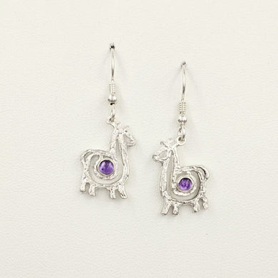 Alpaca or Llama Compact Spiral  Earrings with Amethyst Gemstones - Sterling Silver on French Wires
