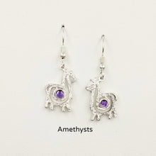 Load image into Gallery viewer, Alpaca or Llama Compact Spiral  Earrings with Amethyst Gemstones - Sterling Silver on French Wires