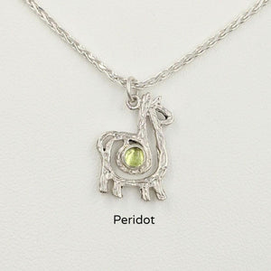 Alpaca or Llama Compact Spiral Pendant with Gemstone - Sterling Silver with Peridot