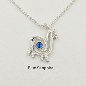 Alpaca or Llama Compact Spiral Pendant with Gemstone - Sterling Silver with Imitation Blue Sapphire