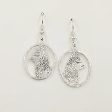 Load image into Gallery viewer, Alpaca Huacaya head silhouette oval dangle earrings - Sterling silver with hammered rim