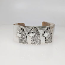Load image into Gallery viewer, Alpaca Huacaya Tri-Head Cuff  Bracelet - Sterling Silver band with Sterling Silver Animal Profiles