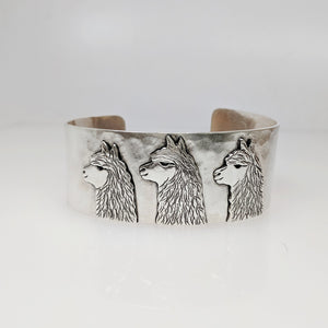 Alpaca Huacaya Tri-Head Cuff  Bracelet - Sterling Silver band with Sterling Silver Animal Profiles