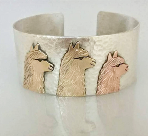 Alpaca Huacaya Tri-Head Cuff  Bracelet - Sterling Silver band with 14K Peach, Yellow and Rose Gold Animal Profiles