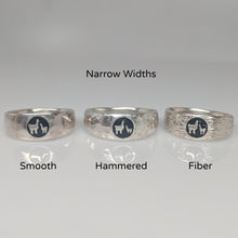 Load image into Gallery viewer, Sample of the different finishes for the Momma Baby Cria Signet Rings in Sterling Silver - narrow width   shiny, hammered and fiber textures