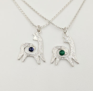 Two Alpaca or Llama Reflection Spiral Pendants - One with an Iolite Cabochon Gemstone and One with an imitation Emerald Cabochon Gemstone - Sterling Silver