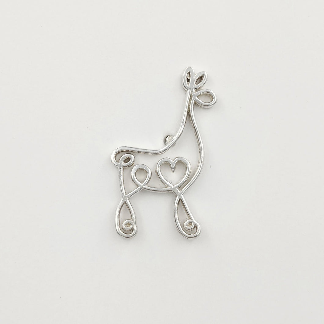 Alpaca or Llama Romantic Ribbon Pin or Tie Tac - Looks like a continuous line drawing made onto the shape of an alpaca or llama  Smooth finish Sterling Silver