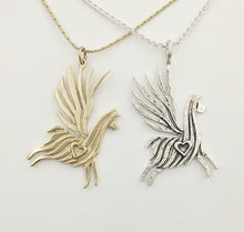 Load image into Gallery viewer, Alpaca or Llama Winged Soaring Spirit with Heart Pendant  14K Yellow Gold smooth animal  Sterling Silver fiber finish