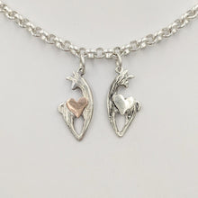 Load image into Gallery viewer, Alpaca or Llama Spirit Crescent Charms with Heart Accents -one all Sterling Silver and one sterling silver animal with a 14K Rose Gold Heart accent