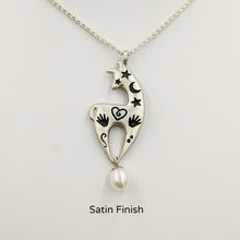 Load image into Gallery viewer, Alpaca or Llama Spirit Image Pendant with a White Freshwater Pearl Dangle Satin finish Sterling Silver