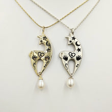 Load image into Gallery viewer,  Two Alpaca or Llama Spirit Image Pendants- with a White Freshwater Pearl Dangles one with a Satin finish Sterling Silver and one 14K Yellow Gold with a shiny finish