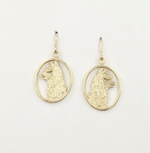 Load image into Gallery viewer, Alpaca Huacaya head silhouette oval dangle earrings - 14K yellow gold with smooth rim