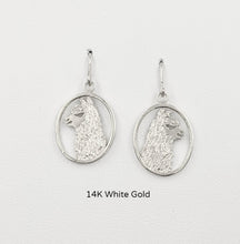 Load image into Gallery viewer, Alpaca Huacaya head silhouette oval dangle earrings - 14K White gold with smooth rim