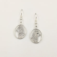 Load image into Gallery viewer, Alpaca Huacaya head silhouette oval dangle earrings - Sterling silver with smooth rim
