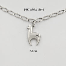 Load image into Gallery viewer, Alpaca Huacaya hand-made 14K white gold crescent shaped charm with gender accent stamp; satin finish