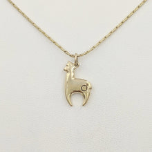 Load image into Gallery viewer, Alpaca Huacaya hand-made 14K yellow gold crescent shaped pendant with a gender accent stamp; shiny finish