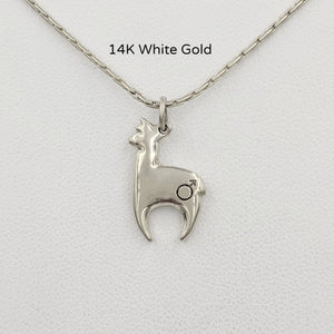 Alpaca Huacaya hand-made 14K white gold crescent shaped pendant with a gender accent stamp; shiny finish