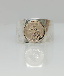 Custom Llama Head Coin Ring - Sterling Silver Band with 14K Yellow Gold Accent Coin