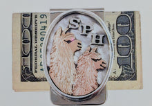 Load image into Gallery viewer, Custom Money Clip - Sterling Silver with 14K Yellow and Rose Gold Alpaca Heads - And Sterling Silver Initials S P H
