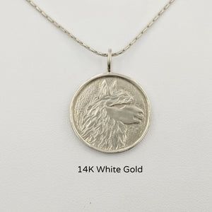 Alpaca Huacaya Head Coin Pendant - 14K White Gold