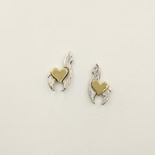 Load image into Gallery viewer, Sterling silver crescent earrings with 14K yellow gold heart accents on posts