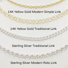 Load image into Gallery viewer, 4 Styles of Charm Bracelets - 14K Yellow Gold Modern Simple Link and Traditional Charm Bracelet and Sterling Silver Traditional Charm Bracelet and Modern Rolo Link