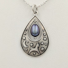 Load image into Gallery viewer, Alpaca or Llama Celestial Spirit Teardrop Pendant with Pearl  Sterling Silver with raven freshwater pearl dangle