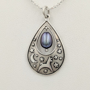 Alpaca or Llama Celestial Spirit Teardrop Pendant with Pearl  Sterling Silver with raven freshwater pearl dangle