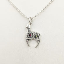 Load image into Gallery viewer,  Hand Engraved Huacaya Alpaca Crescent Pendant - with peridot and garnet gemstones - Sterling Silver
