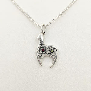  Hand Engraved Huacaya Alpaca Crescent Pendant - with peridot and garnet gemstones - Sterling Silver