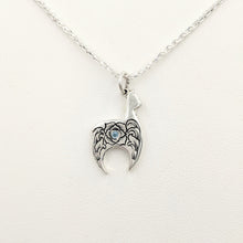 Load image into Gallery viewer,  Hand Engraved Huacaya Alpaca Crescent Pendant - with blue topaz gemstone - Sterling Silver