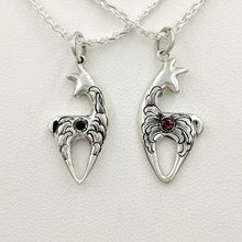 Load image into Gallery viewer,  Hand Engraved Spirit Crescent Pendant -one with garnet gemstone and one with lab grown blue sapphire gemstone - Sterling Silver