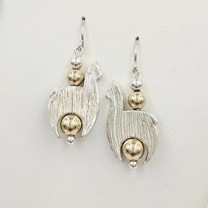 Alpaca Huacaya Crescent Earrings With Gold-filled Beads & Fiber Finish; hanging on French wires.