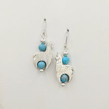 Load image into Gallery viewer, Alpaca Huacaya Crescent Earrings With Turquoise Beads &amp; Fiber Finish; hanging on French wires.  