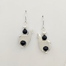 Load image into Gallery viewer, Alpaca Huacaya Crescent Earrings With Onyx Beads &amp; Satin Finish; hanging on French wires.