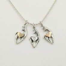 Load image into Gallery viewer,  3 different Alpaca or Llama Spirit Crescent Pendants with Heart Accent - Sterling Silver Animals with 14K Yellow Gold, Sterling Silver and 14K Rose Gold heart accents
