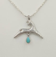 Load image into Gallery viewer, Alpaca or Llama Leaping Crescent Pendant with teardrop Turquoise Gemstone Dangle  fiber finish