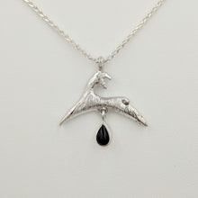 Load image into Gallery viewer, Alpaca or Llama Leaping Crescent Pendant with teardrop Onyx Gemstone Dangle