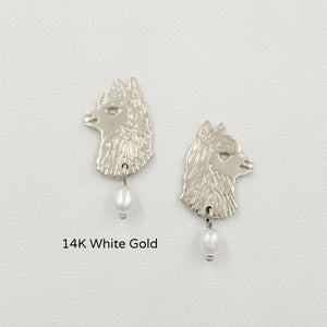 Alpaca Huacaya Head  Silhouette Earrings With Pearl Dangle - 14K White Gold
