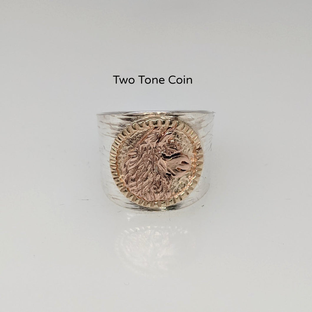 Alpaca Huacaya head coin ring Hand-hammered sterling silver tapered band.14K yellow and 14K rose gold coin.e