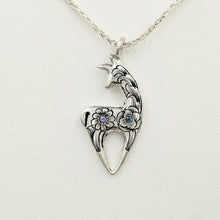 Load image into Gallery viewer,  Hand Engraved Spirit Crescent Pendant - with blue topaz and amethyst gemstones - Sterling Silver